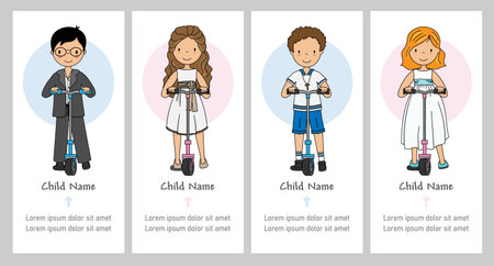 set card of my first communion of girl and boy. Skateboard kidsのイラスト素材