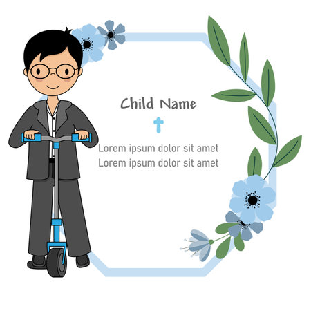 My first communion card. Boy on scooter and frame with space for text or photoのイラスト素材