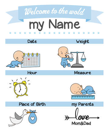 Baby birth print. Baby data template at birth. Weight, measurement, place, time and day of birthのイラスト素材