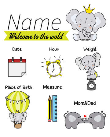 Baby birth print. Baby data template at birth. Weight, measurement, place, time and day of birthのイラスト素材