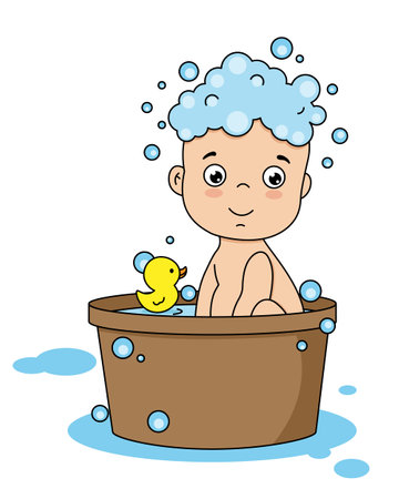 Little children bathing next to a rubber duck. Isolated vectorのイラスト素材
