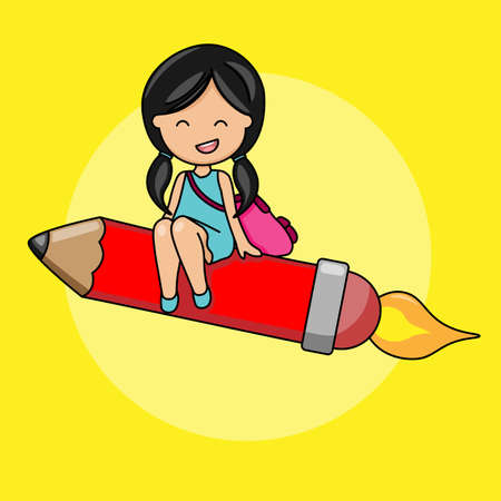 Cute little girl flying on top of a pencil. Isolated vectorのイラスト素材