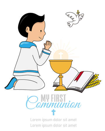 My first communion card. Boy praying next to a chalice and bibleのイラスト素材