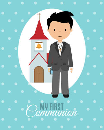 My first communion card. Boy next to churchのイラスト素材