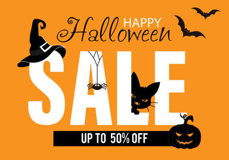 Halloween sale banner. Black cat, pumpkin and spider