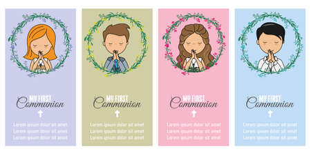 Set of four first communion invitation cards. Girls and boys praying. Space for textのイラスト素材