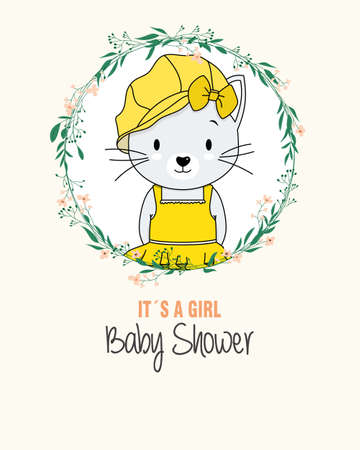 Baby shower card. Cute cat inside flower frame. Isolated vectorのイラスト素材