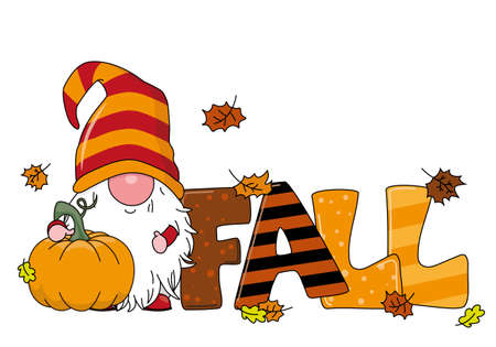 Autumnal card. Gnome with pumpkin and the word fall. Isolated vectorのイラスト素材