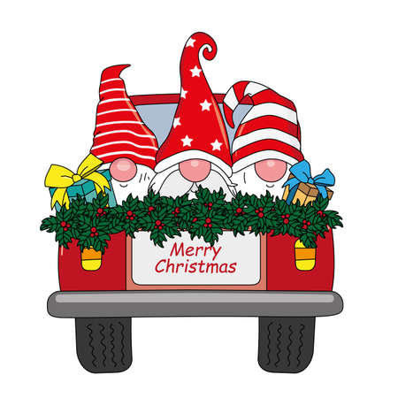 Christmas card. Gnomes in a car with gifts. isolated vectorのイラスト素材