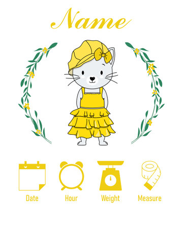 Cute cat Baby birth print. Baby data template at birth. Weight, measurement, time and day of birthのイラスト素材