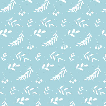 Seamless Christmas pattern with branches, leaves and berries on blue background. Vector...