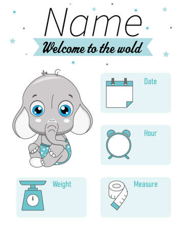 Cute elephant. Baby birth print. Baby data template at birth. Weight, measurement, time and day of birthのイラスト素材