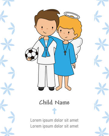 My first communion card. Boy and angel hugging. Isolated vectorのイラスト素材