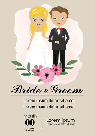 Wedding invitation template. Groom and bride arm in arm. isolated vectorのイラスト素材
