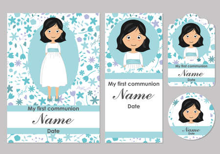 First communion card, bookmark, label and sticker set for girlのイラスト素材