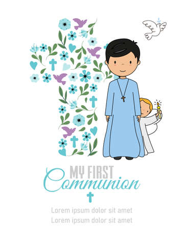 Card my first communion. Boy and angel with a cross in the backgroundのイラスト素材