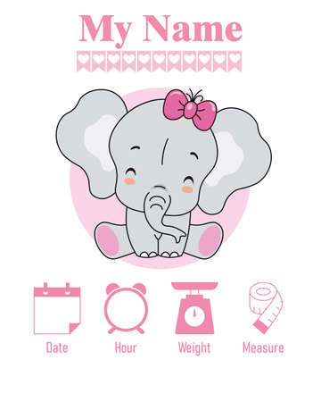 Cute elephant. Baby birth print. Baby data template at birth. Weight, measurement, time and day of birthのイラスト素材