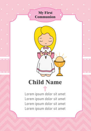 Card my first communion. Girl praying next to a chalice. isolated vectorのイラスト素材