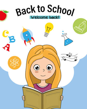 Back to school card. Girl reading.のイラスト素材