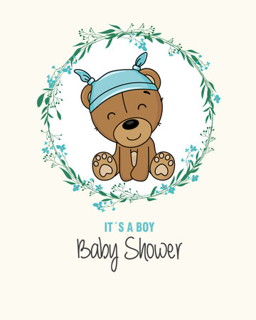 Baby boy shower card. Cute bear inside flower frame. isolated vectorのイラスト素材