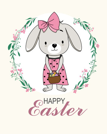 happy easter day card. Cute rabbit with a basket of easter eggsのイラスト素材