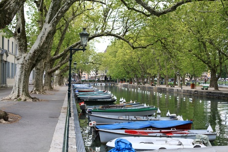 colourful boats near Lover's bridge in Annecy canal, Annecy,Franceの写真素材