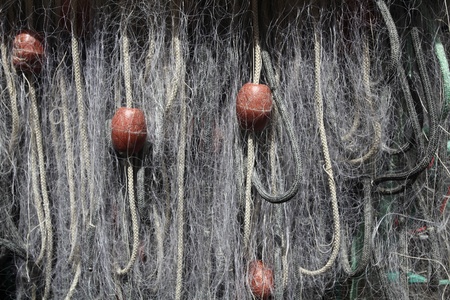 Close-up of fishing nets with floats 