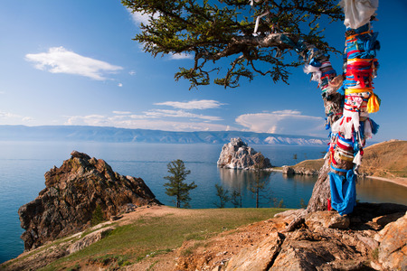 Tree of desires on cape Burhan of Olkhon Island on Lake Baikal, Russiaの写真素材