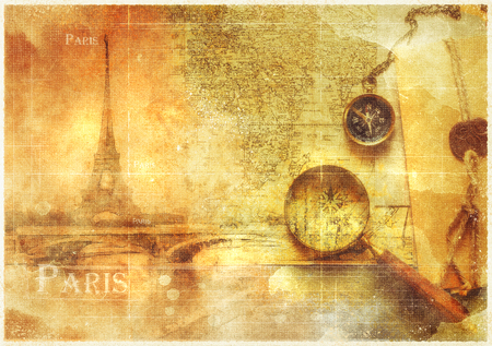 Adventure and travel concept. Vintage map, magnifier and compass .