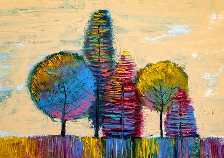 Oil painting landscape, colorful  trees.  Hand Painted Impressionist, outdoor landscape.の写真素材
