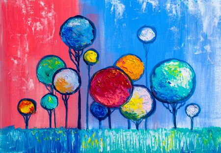 Oil painting landscape, colorful  trees.  Hand Painted Impressionist, outdoor landscape.の写真素材