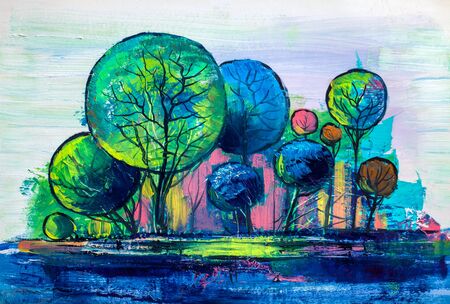 Oil painting landscape, colorful  trees.  Hand Painted Impressionist, outdoor landscape.の写真素材