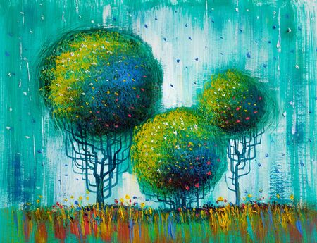 Oil painting landscape, colorful  trees.  Hand Painted Impressionist, outdoor landscape.の写真素材
