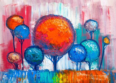 Oil painting landscape, colorful  trees.  Hand Painted Impressionist, outdoor landscape.の写真素材