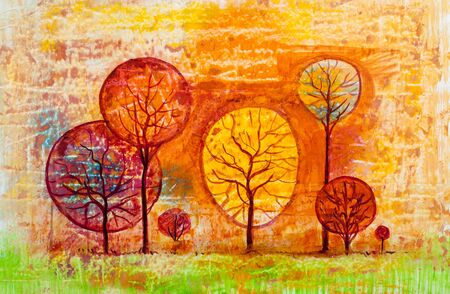 Oil painting landscape, colorful  trees.  Hand Painted Impressionist, outdoor landscape.の写真素材