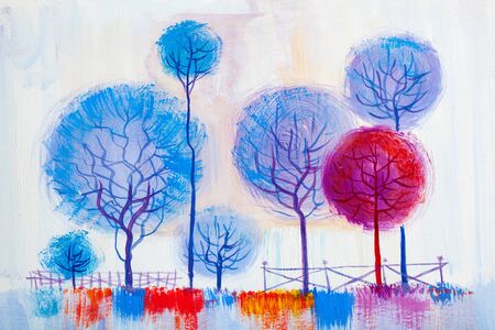 Oil painting landscape, colorful  trees.  Hand Painted Impressionist, outdoor landscape.の写真素材