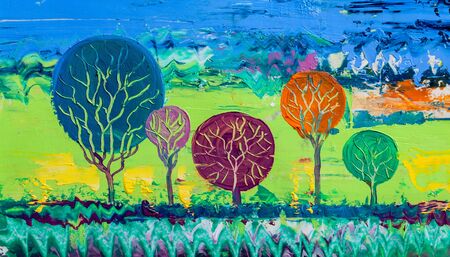 Oil painting landscape, colorful  trees.  Hand Painted Impressionist, outdoor landscape.の写真素材
