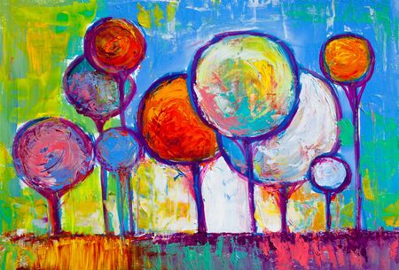 Oil painting landscape, colorful  trees.  Hand Painted Impressionist, outdoor landscape.の写真素材