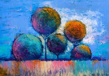 Oil painting landscape, colorful  trees.  Hand Painted Impressionist, outdoor landscape.の写真素材