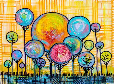 Oil painting landscape, colorful  trees.  Hand Painted Impressionist, outdoor landscape.の写真素材