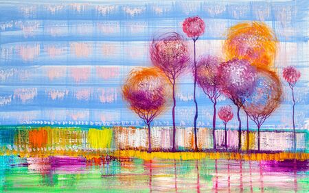 Oil painting landscape, colorful  trees.  Hand Painted Impressionist, outdoor landscape.の写真素材