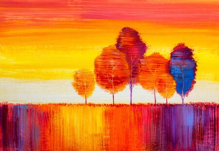 Autumn forest , orange leaves.Oil painting landscape.の写真素材