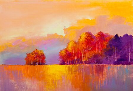 Autumn forest , orange leaves.Oil painting landscape.の写真素材