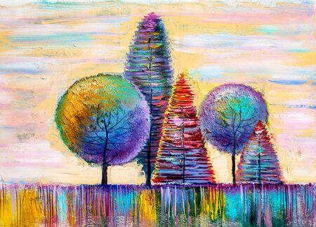Autumn forest , orange leaves.Oil painting landscape.の写真素材