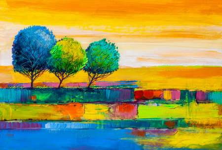 Oil painting landscape, colorful trees. Hand Painted Impressionist, outdoor landscape.の写真素材