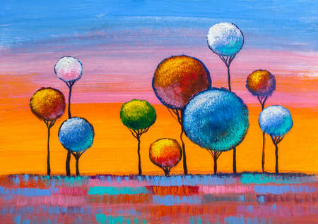 Landscape painting, ornamental trees in parkの写真素材