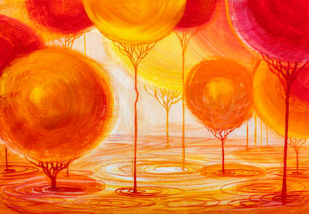 Landscape painting, ornamental trees in parkの写真素材