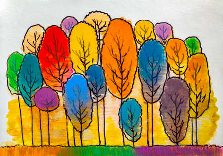 Multicolored silhouettes forest abstract background.Nature and environment conservation concept flat design.の写真素材
