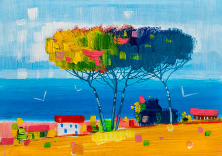 oil painting - houses near the sea, colorful trees, summer seascape.の写真素材