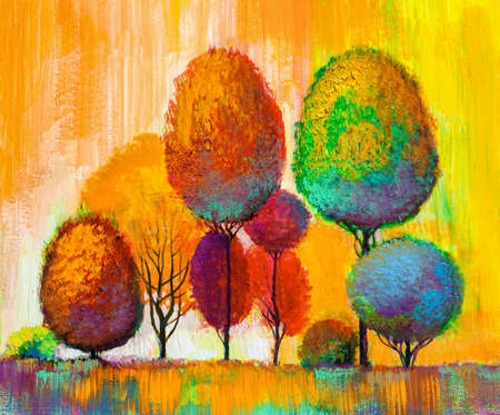 Autumn forest, orange leaves.Oil painting landscape.の写真素材